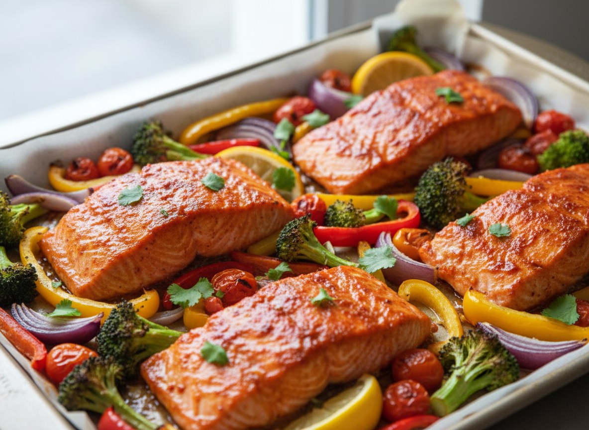 Honey-harissa salmon with roasted vegetables