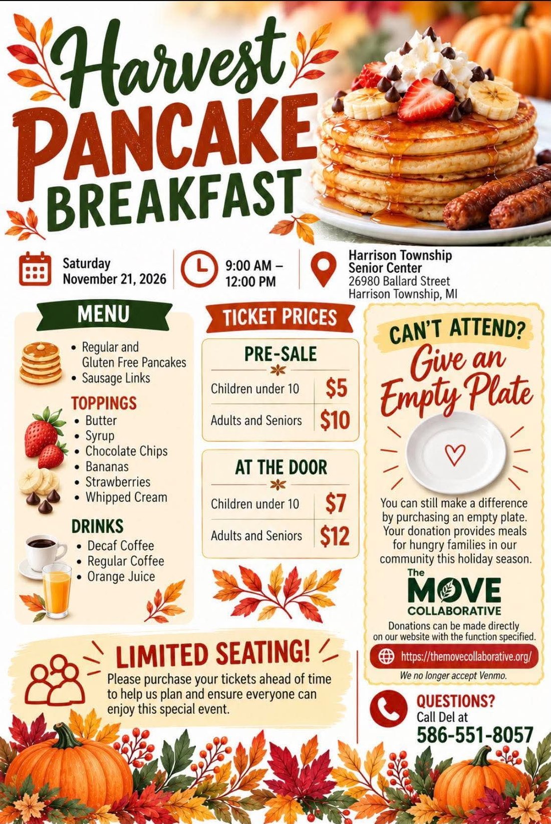 Harvest Pancake Breakfast flyer: Saturday November 21, 2026, 9 AM to 12 PM, Harrison Township Senior Center