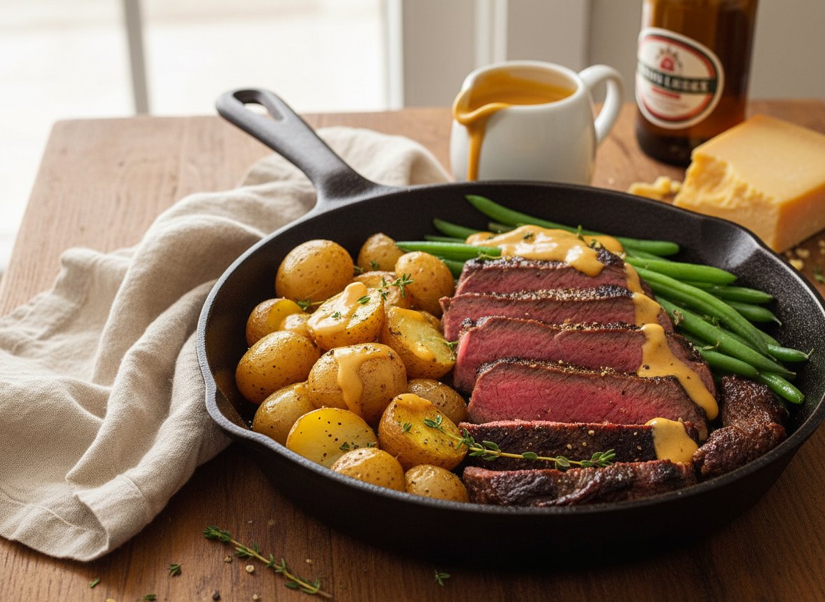 Cheddar Ale Bison with Roasted Potatoes and Green Beans