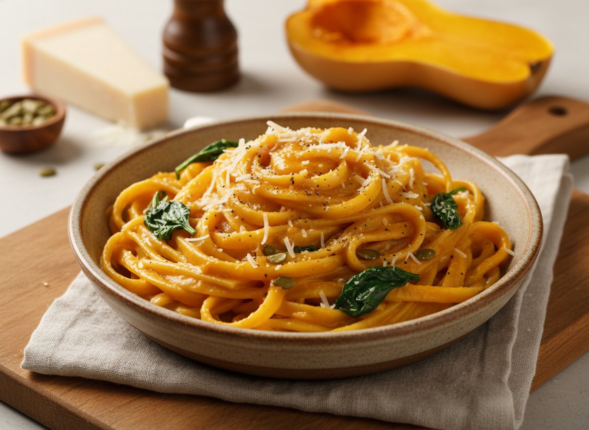 Creamy Butternut Pasta — golden silky butternut sauce coating pasta with parmesan, spinach, and cracked pepper