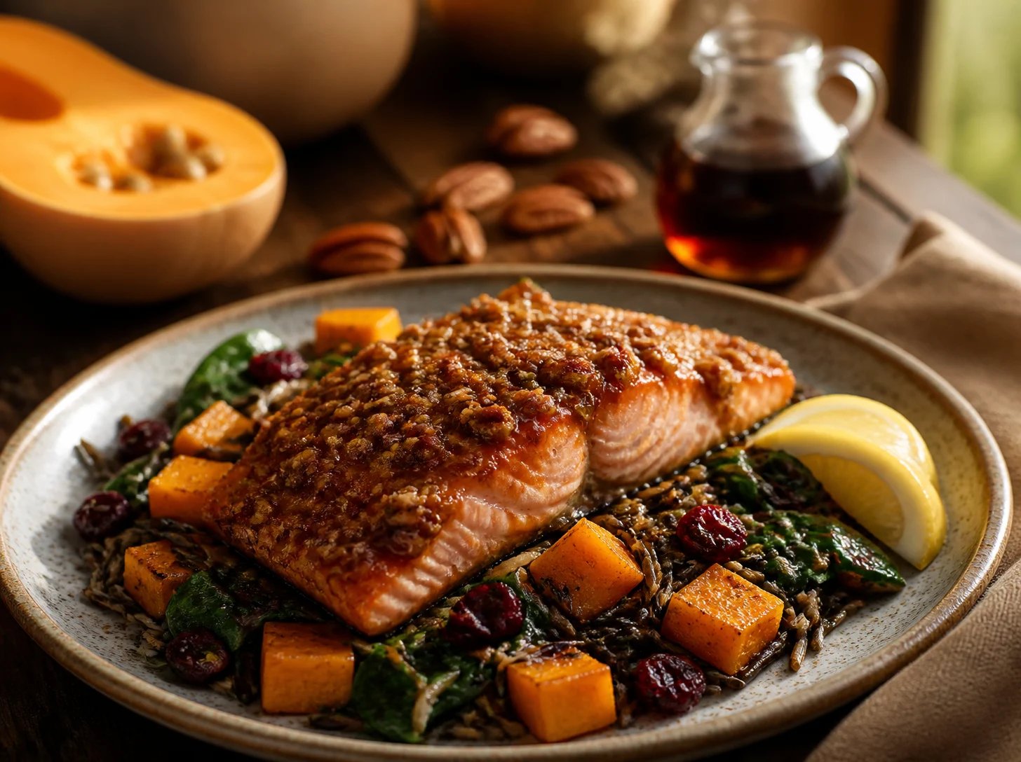 Maple-pecan crusted salmon fillet on wild rice with roasted butternut squash, spinach, dried cranberries, and a lemon wedge