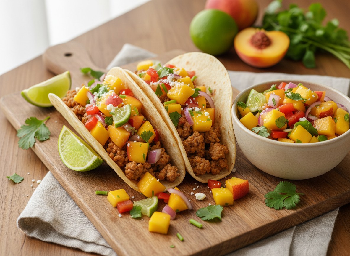 Sweet Heat Turkey Tacos with peach-mango salsa