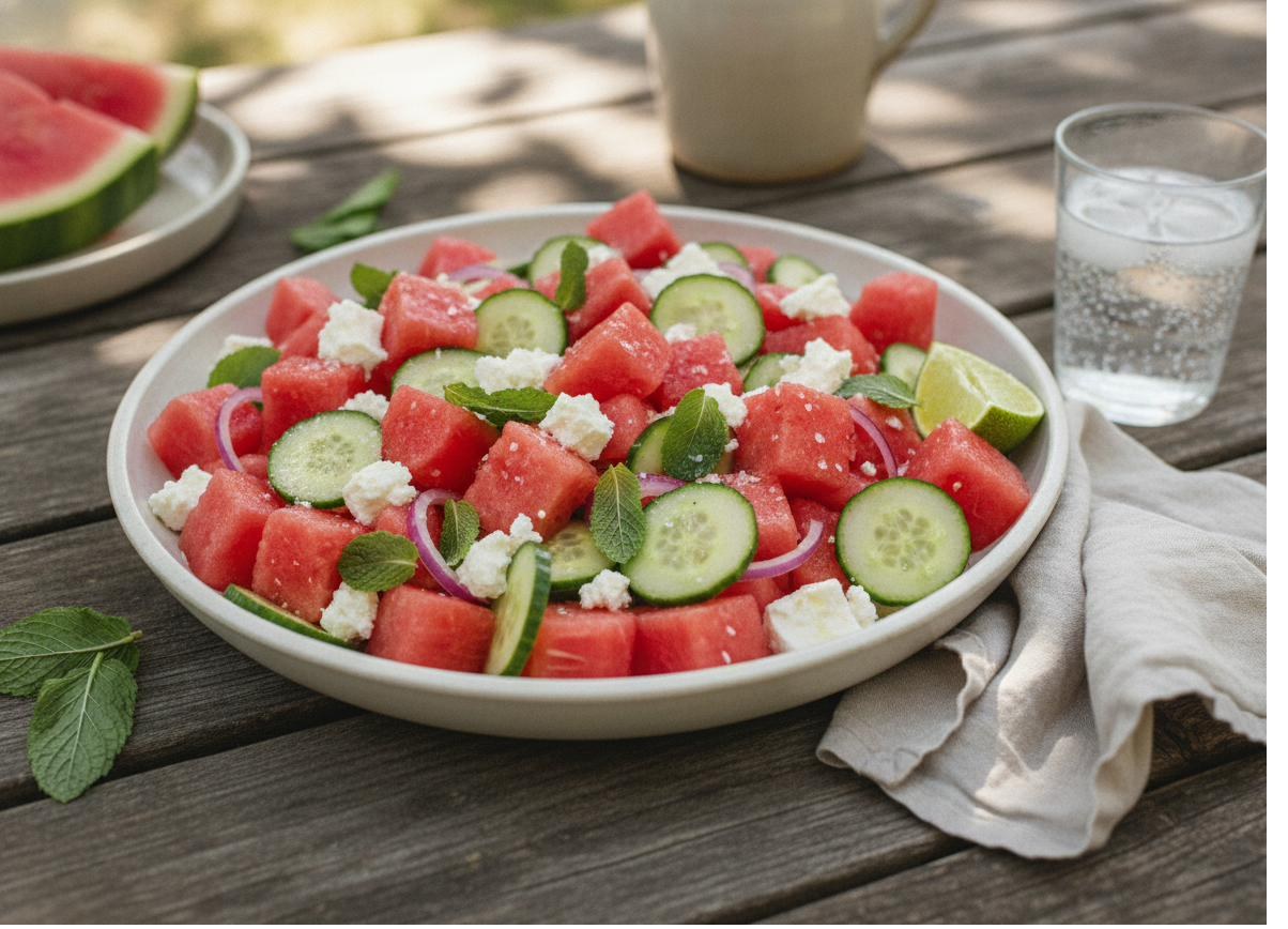 Watermelon, Feta & Cucumber Salad with mint and red onion on a rustic picnic table
